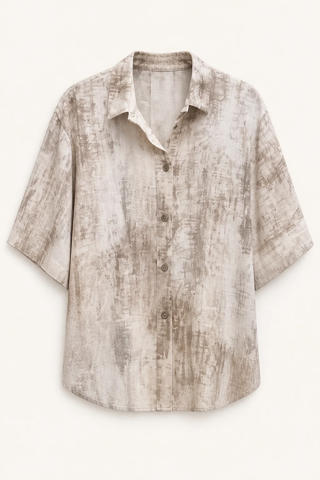 Women's stone-beige abstract-print short-sleeve button-up shirt