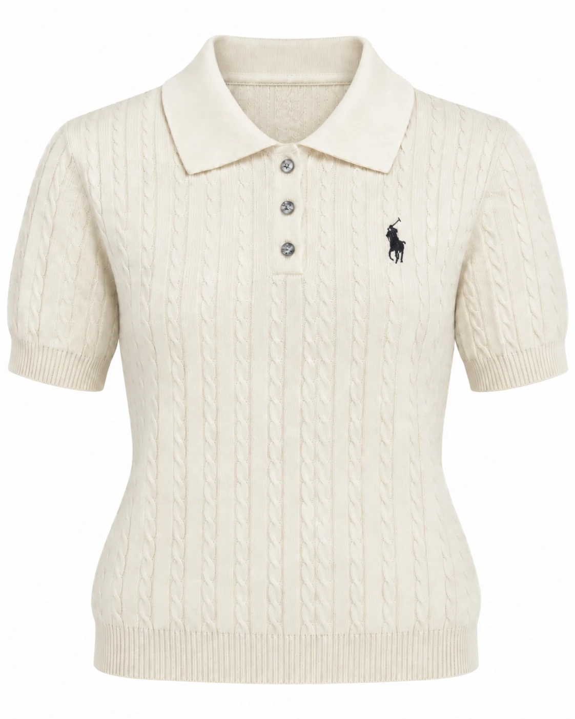 Ivory women's short-sleeve cable-knit Polo shirt, available in seven colors