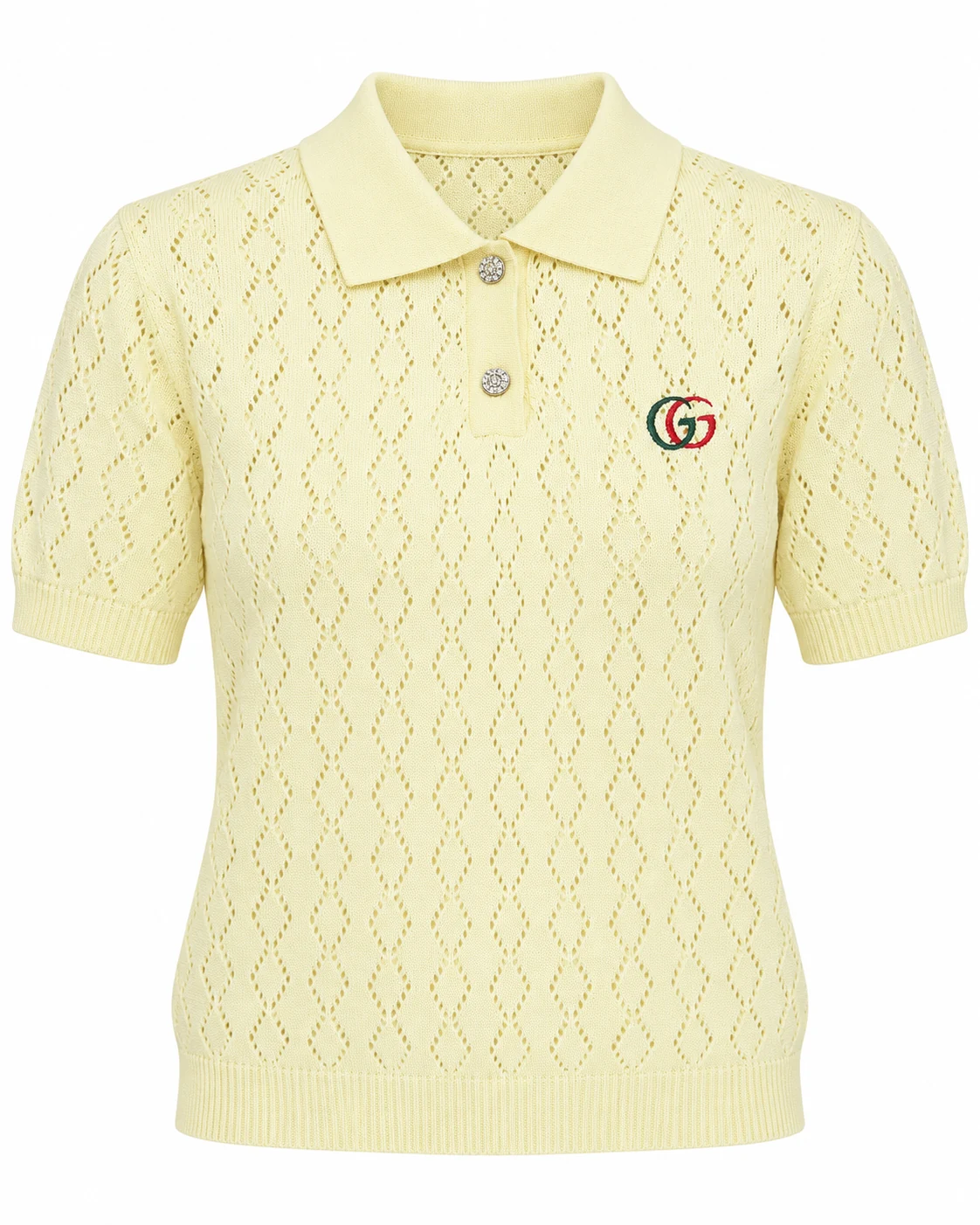 Pale yellow women's openwork knit short-sleeve shirt with embroidered emblem, available in six colors