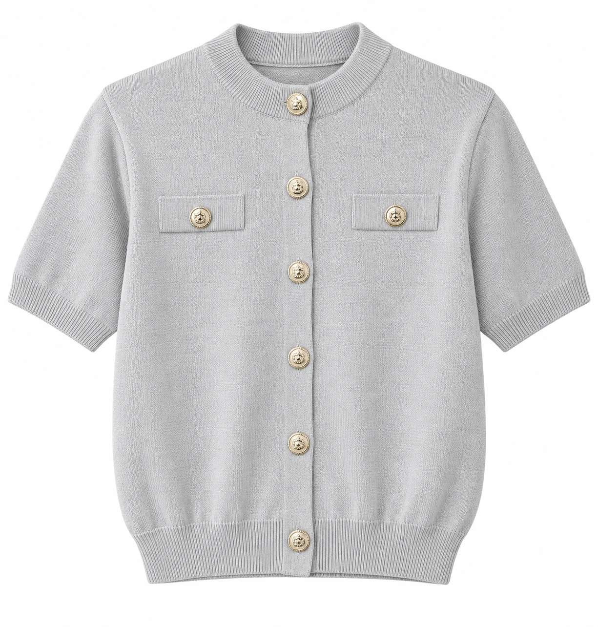 Light gray women's short-sleeve knit cardigan with gold buttons, available in five colors