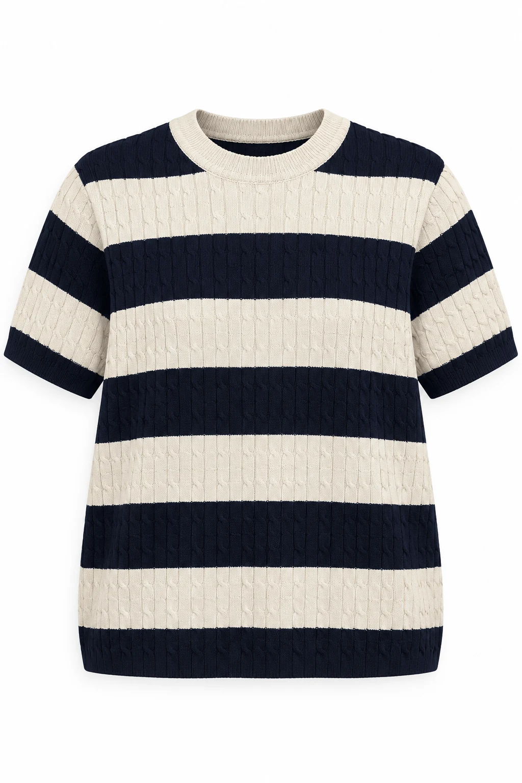 Ivory and black striped women's cable-knit short-sleeve shirt, available in six colors