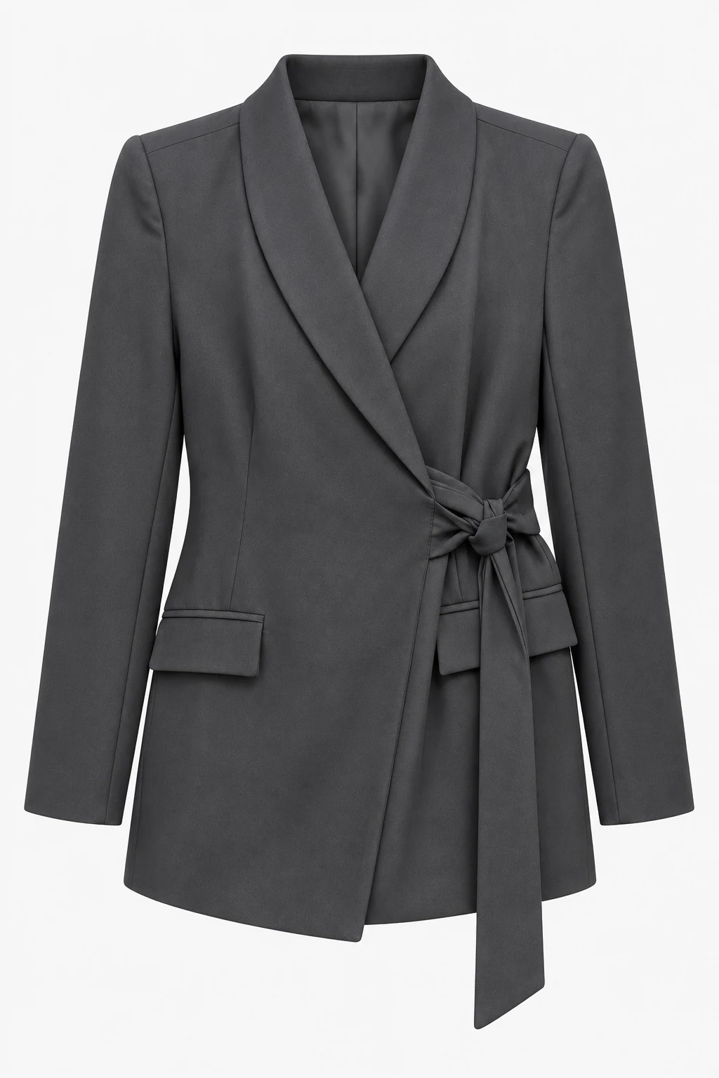 Charcoal gray women's waist-tie blazer, available in five colors