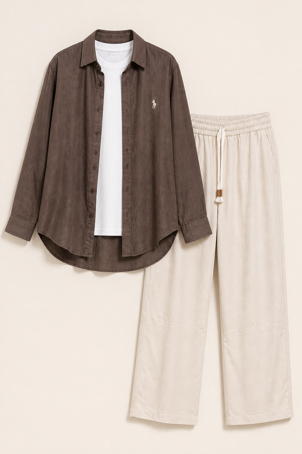 Women's brown shirt, white T-shirt and beige trousers set