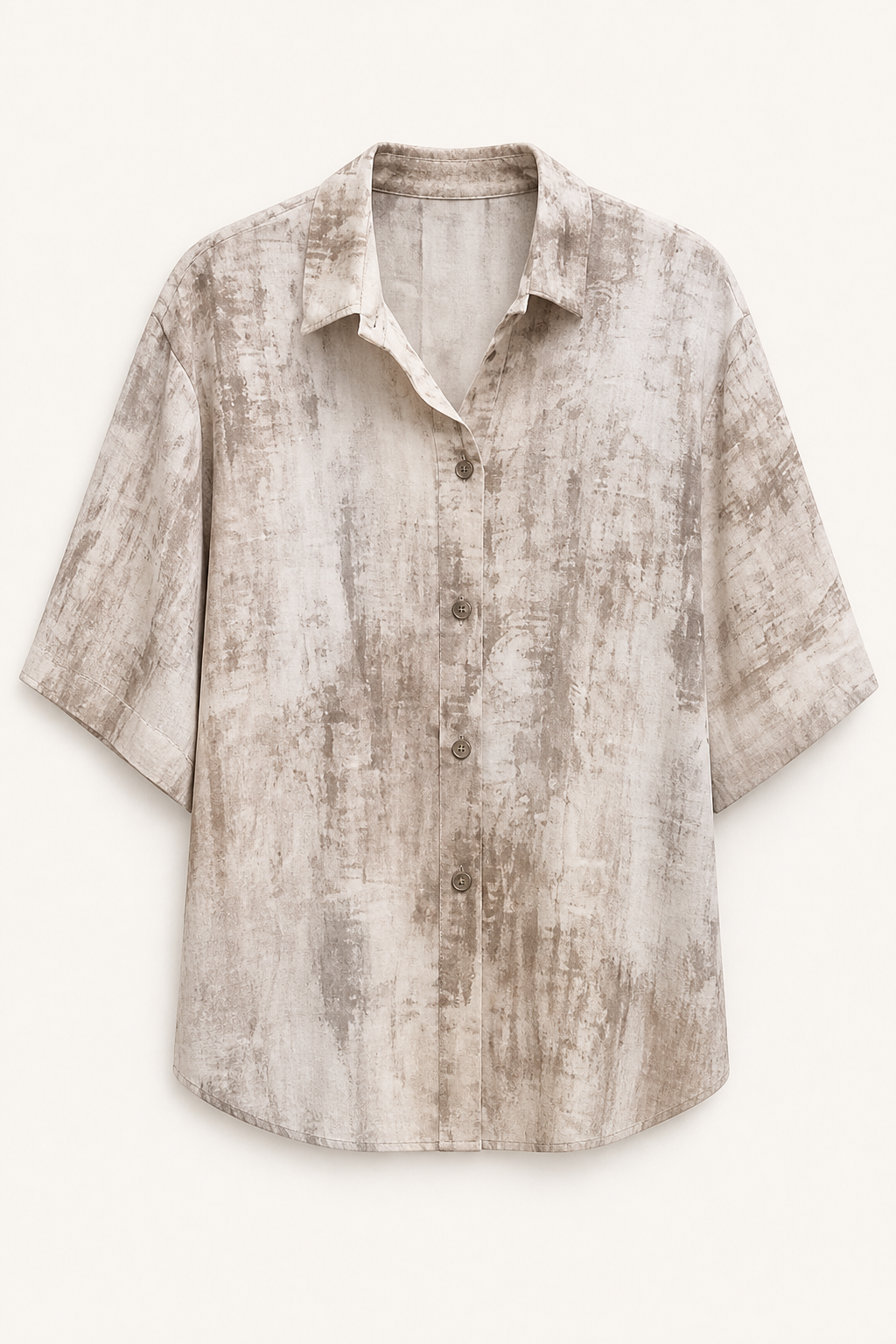 Women's stone-beige abstract-print short-sleeve button-up shirt